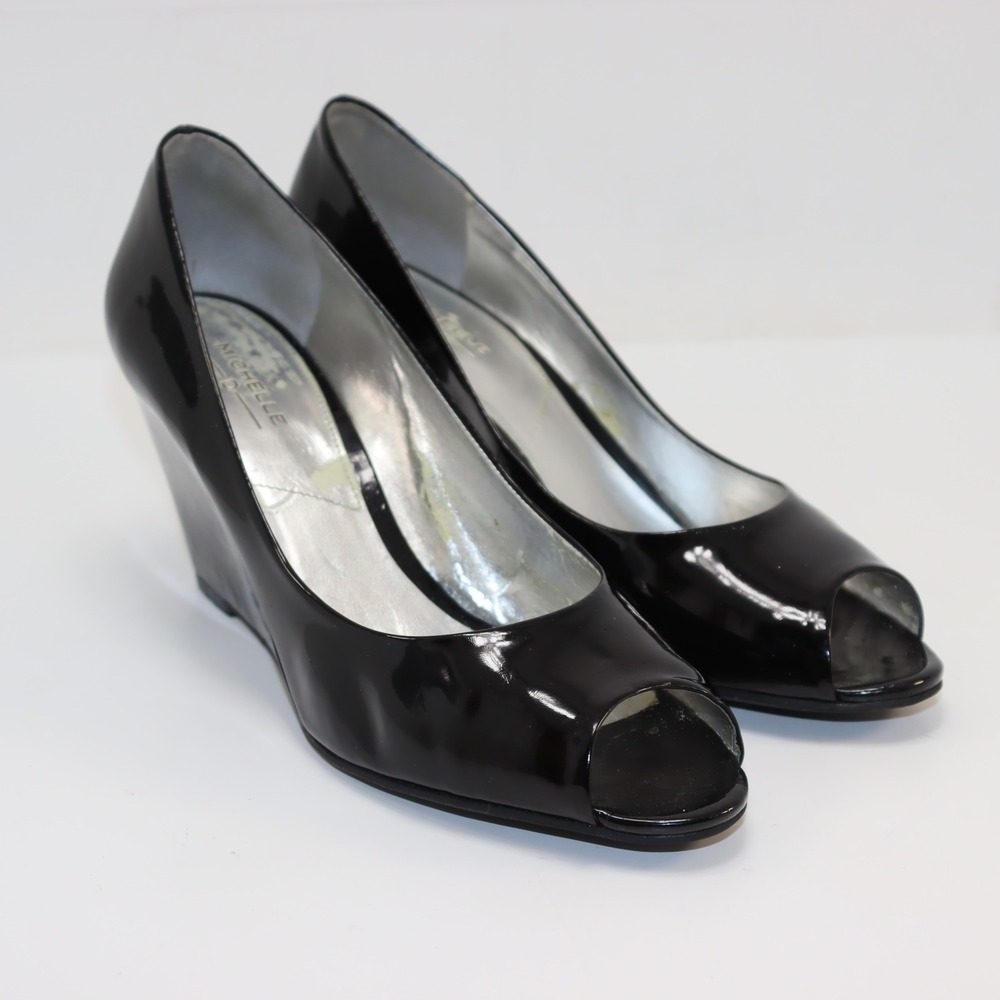 Michelle‎ D Peep Toe Wedge 7.5 Black Womens Leather Patent Classic